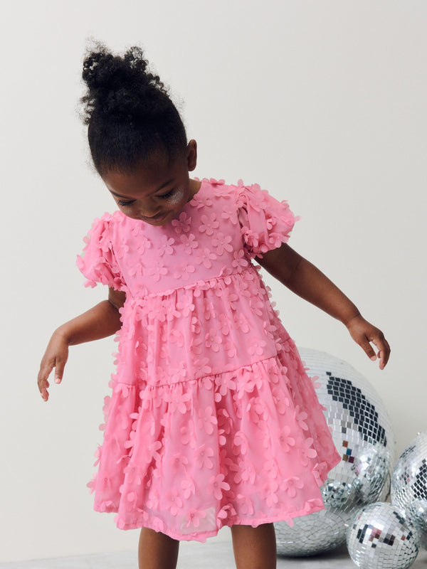 Pink Short Sleeve 3D Flowers Dress (3mths-8yrs)