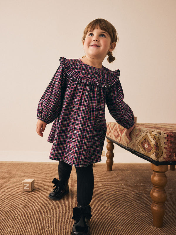 Purple Check Frill Long Sleeve Dress (3mths-8yrs)