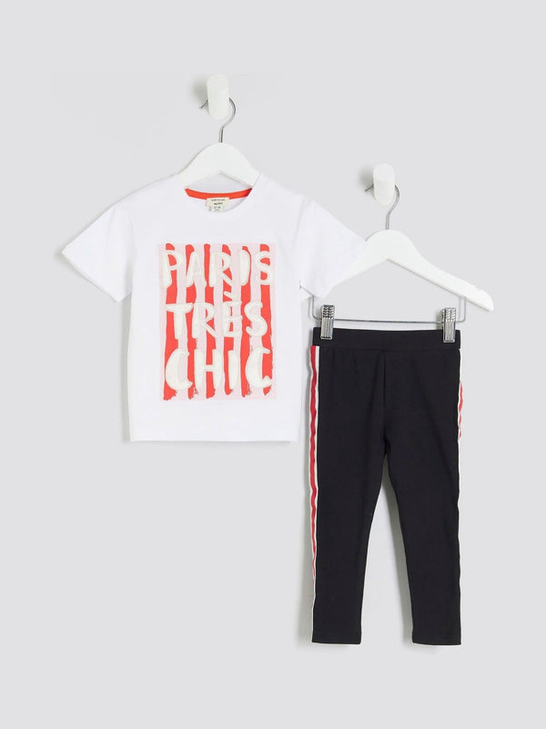 River Island White Girls Stripe City T-Shirt And Leggings Set