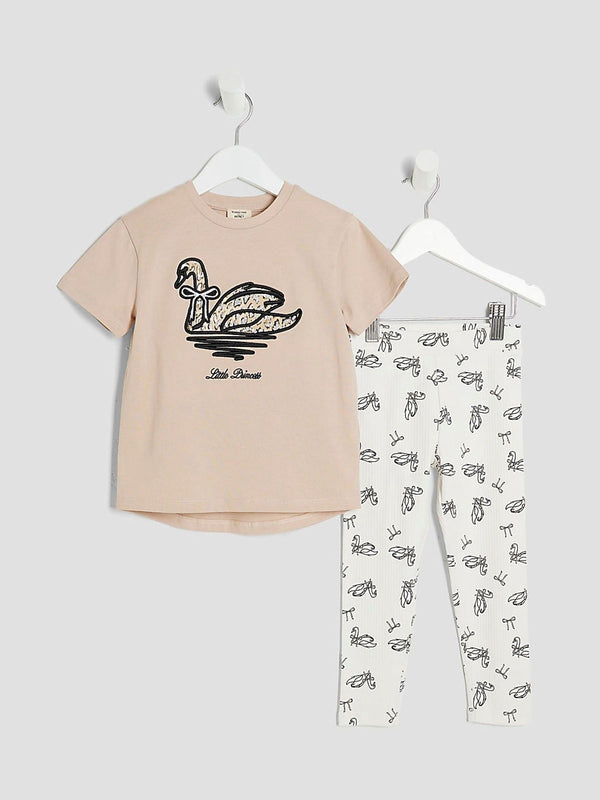 River Island Brown Girls Swan T-Shirt And Leggings Set