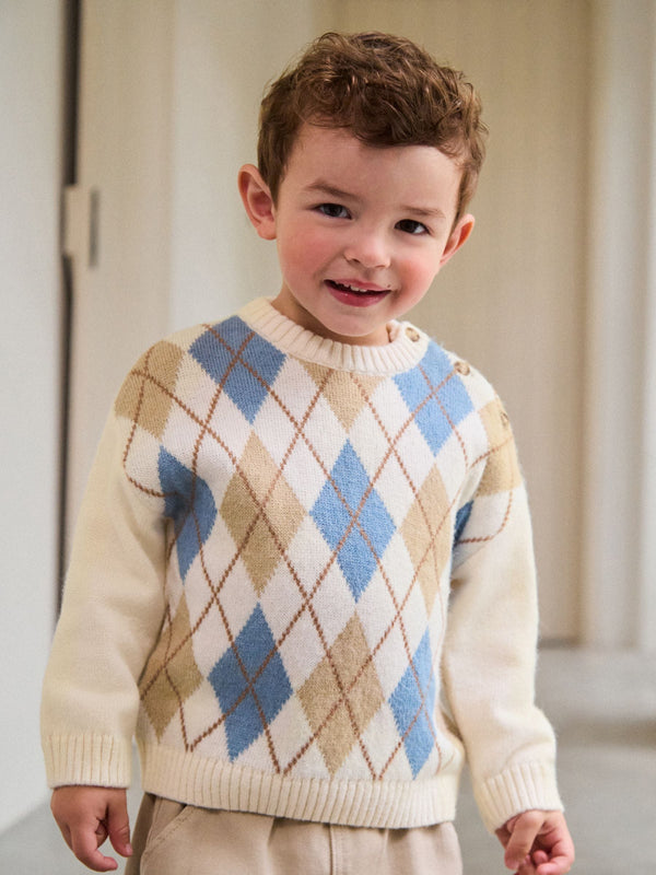 Cream Argyle Knitted Crew Neck Cotton Jumper (3mths-7yrs)