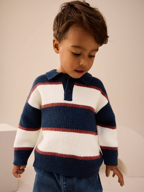 Navy Blue/Burgundy Knitted Stripe Rugby Polo Shirt (3mths-7yrs)