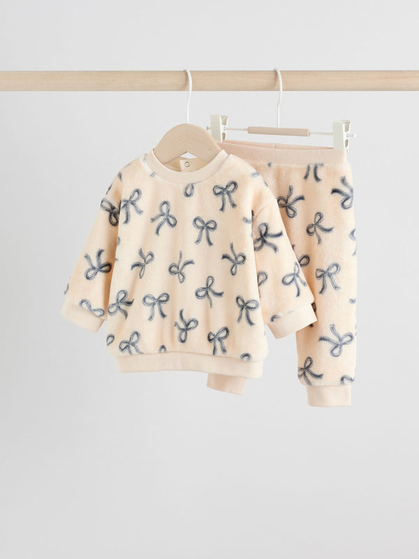 Cream/Grey Soft Velour Bow Print Jumper and Trousers Set (0mths-2yrs)