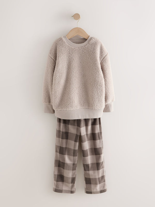 Ecru White Check Single Cosy Fleece Pyjamas (3-16yrs)