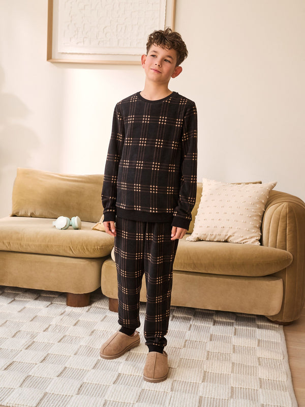 Black/Ecru Check Single Cosy Fleece Pyjamas (3-16yrs)