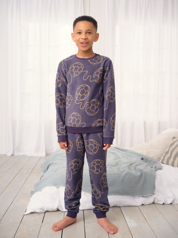 Black Linear Football Single Cosy Fleece Pyjamas (3-16yrs)