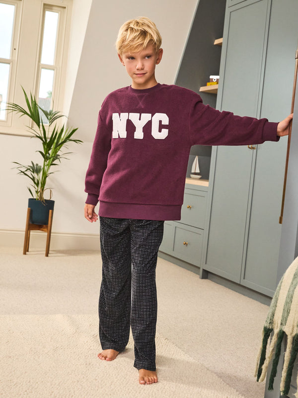 Burgundy Red NYC Single Cosy Fleece Pyjamas (3-16yrs)