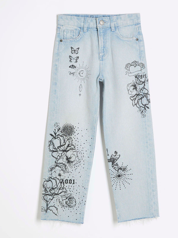 River Island Blue Mono Doodle Straight 100% Cotton Jeans