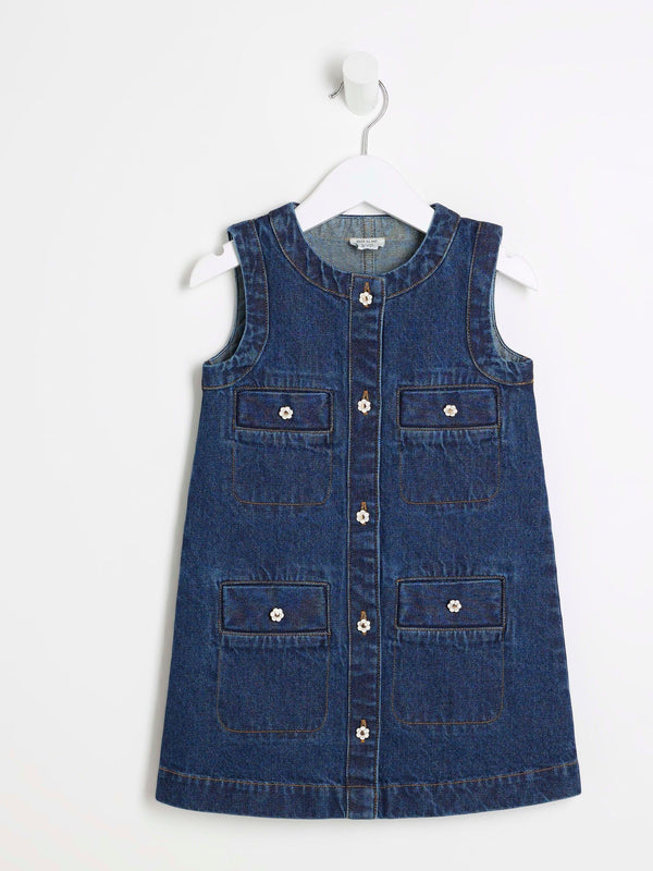 River Island Blue Girls Denim Button Pinny Dress