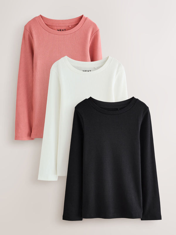 Black/Pink/White Long Sleeve Ribbed Tops 3 Pack (3-16yrs)