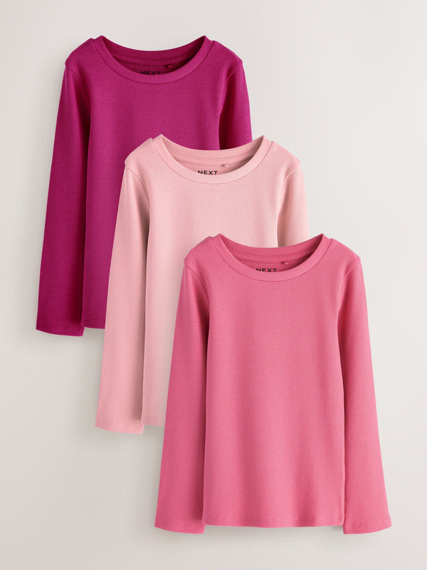 Pink Long Sleeve Ribbed Tops 3 Pack (3-16yrs)