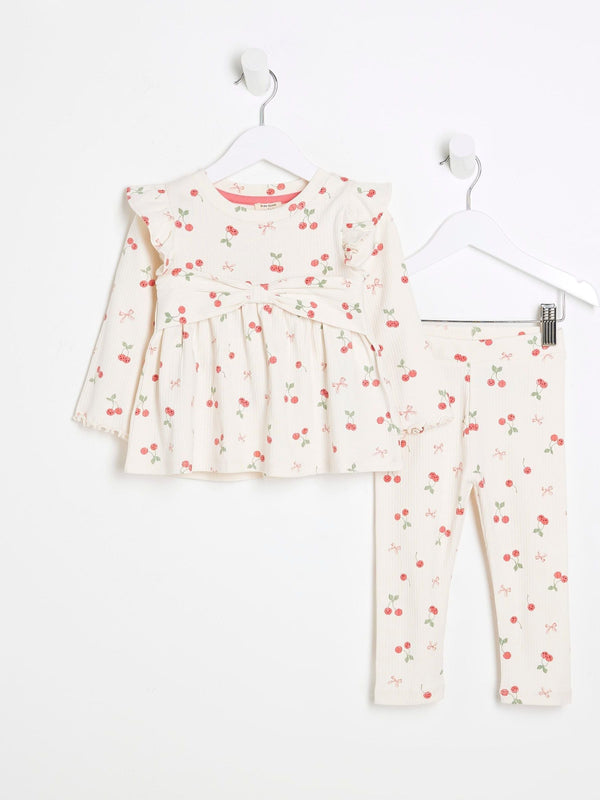 River Island Light Cream Bow Rib Peplum Top Set