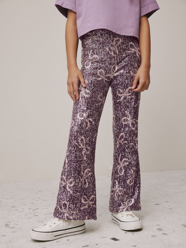 Purple Bow Sequin Party Flared Leggings (3-16yrs)