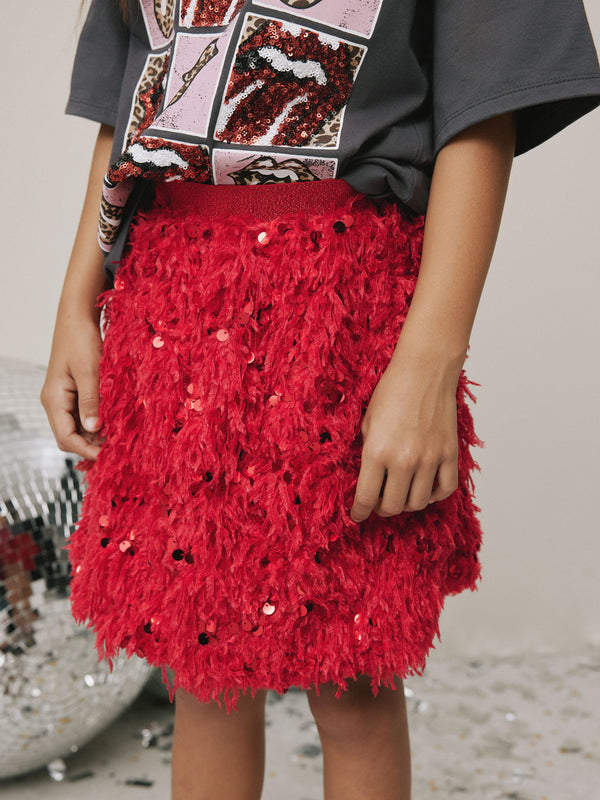 Red Fluffy Sequin Skirt (3-16yrs)