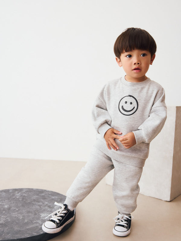 Grey Marl Single Printed Crew Neck Sweat Top & Jogger Sets (3mths-7yrs)