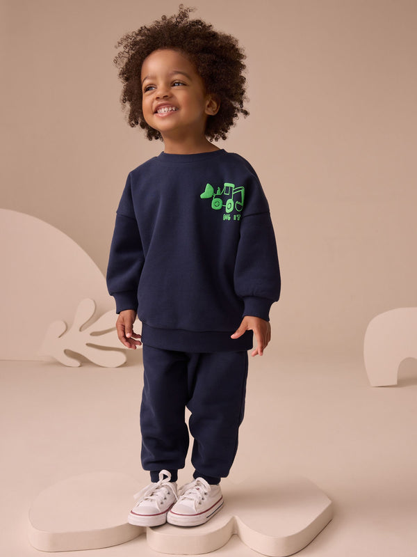 Navy Blue Digger Single Printed Crew Neck Sweat Top & Jogger Sets (3mths-7yrs)
