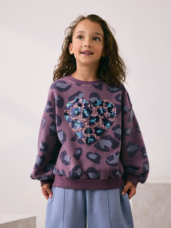 Purple Animal Sequin Heart Sweatshirt (3-16yrs)