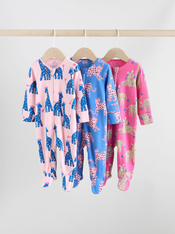 Blue/Pink Animal Character 3 Pack Two Way Zip Baby Sleepsuits (0mths-2yrs)
