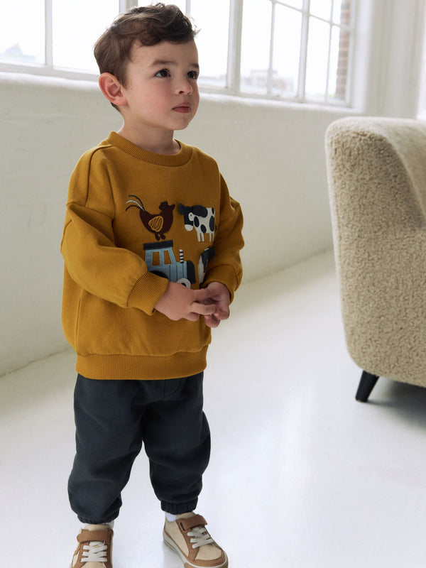 Ochre Yellow/Charcoal Farm Appliqué Sweatshirt and Joggers Set (3mths-7yrs)