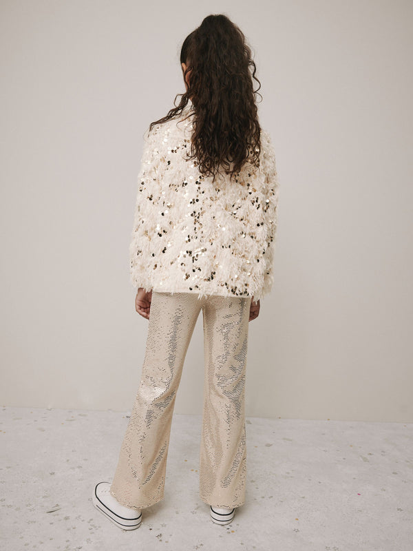 Cream/Gold Fluffy Sequin Top and Flared Leggings Party Set (3-16yrs)