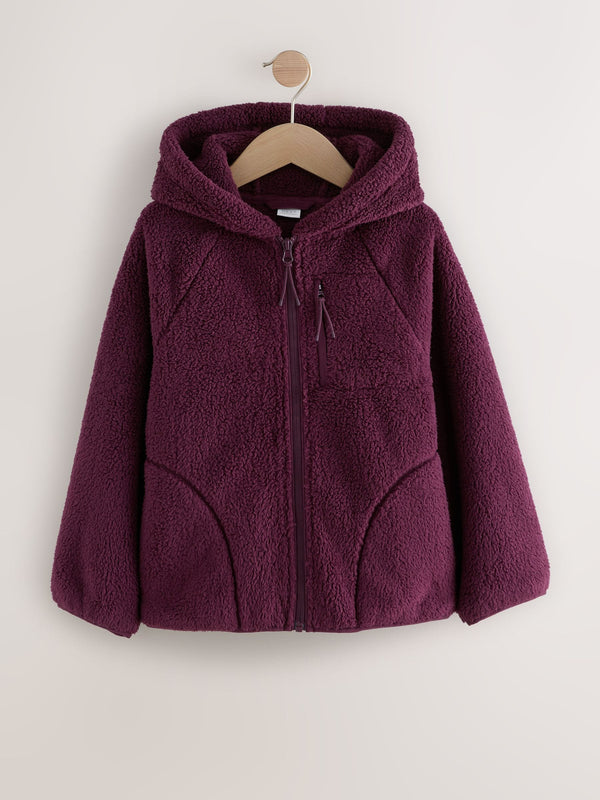 Burgundy Red Hooded Zip Borg Fleece Jacket (3-16yrs)