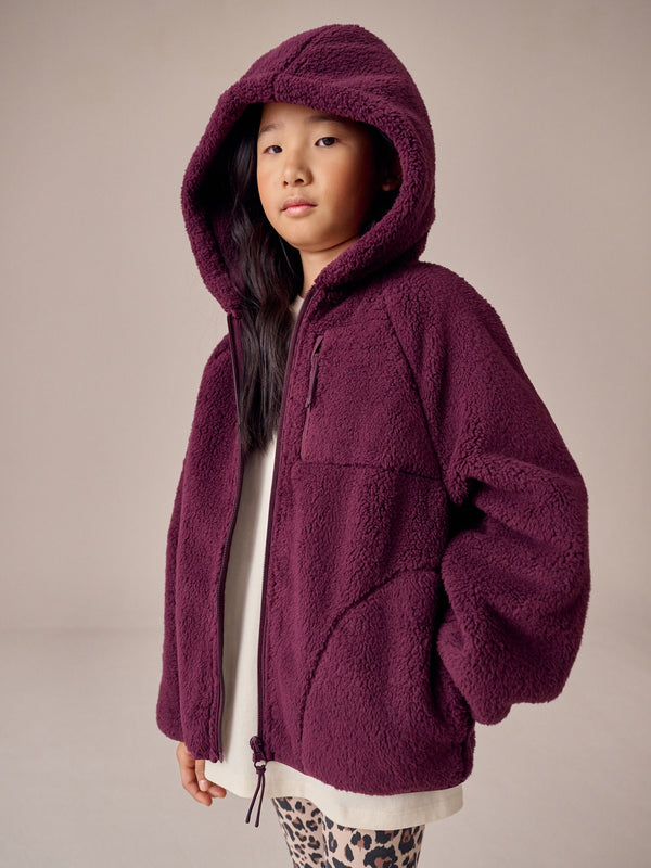Burgundy Red Hooded Zip Borg Fleece Jacket (3-16yrs)