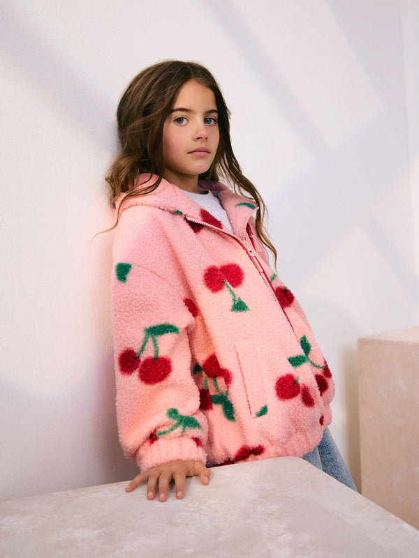 Pink/Red Cherry Hooded Zip Borg Fleece Jacket  immediate