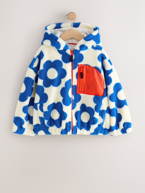 Blue/White Flower Hooded Zip Borg Fleece Jacket (3-16yrs)