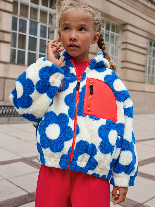Blue/White Flower Hooded Zip Borg Fleece Jacket (3-16yrs)