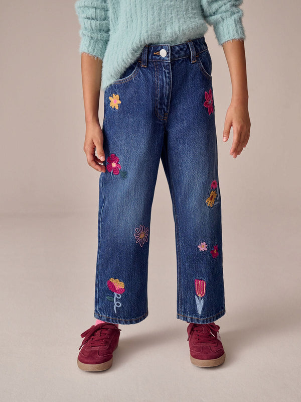 Mid Blue Floral Embroidered Straight Leg Jeans (3-16yrs)