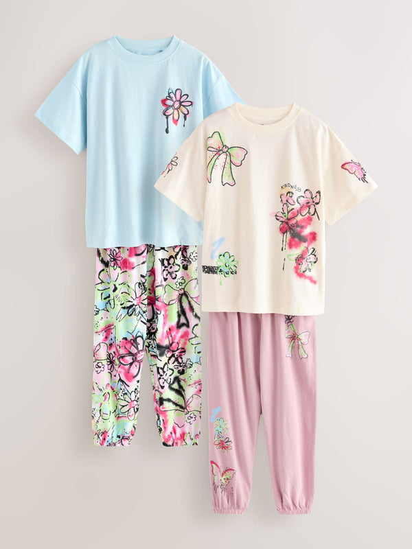 Blue/Ecru Grafitti Bow Jogger Pyjamas 2 Pack (3-16yrs)
