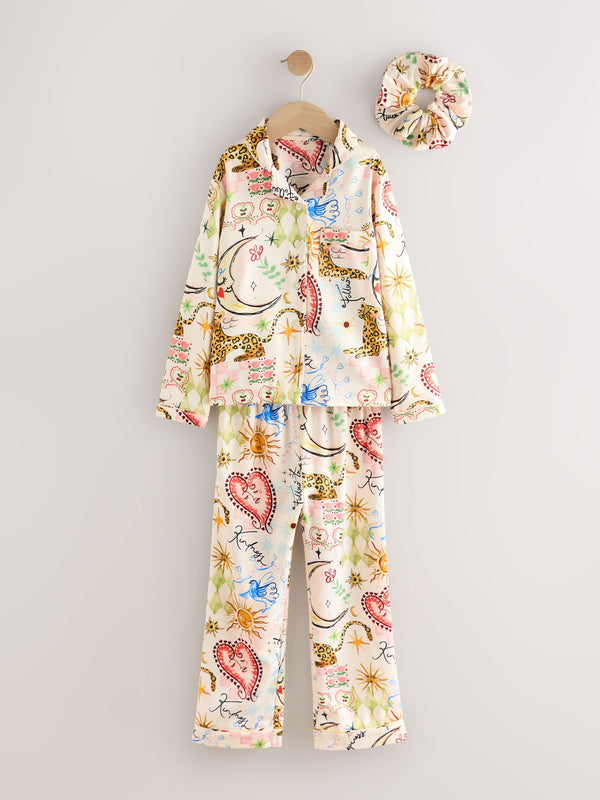 Ecru Celestial Print Satin Button Through Pyjamas (6-16yrs)