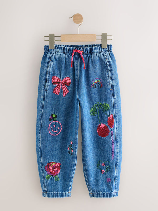 Dark Blue Embroidered Pull On Barrel Jeans (3-16yrs)