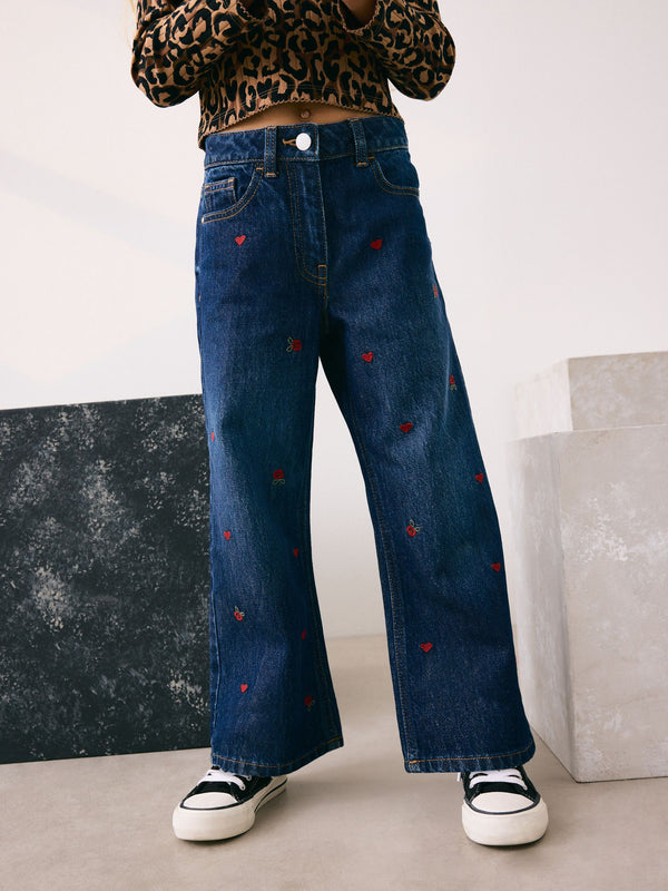 Dark Blue Wide Floral Print Embellished Jeans (3-16yrs)