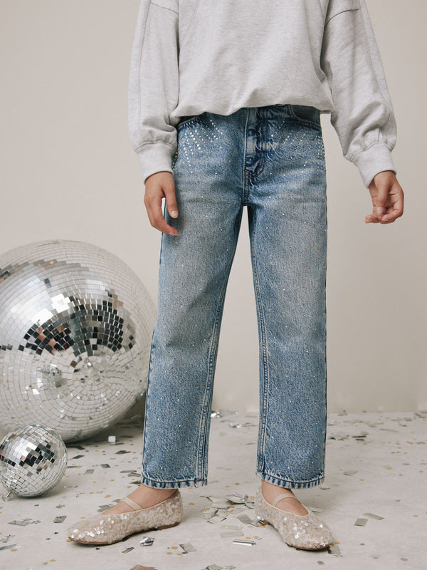 Mid Blue Pocket Detail Embellished Straight Leg Jeans (3-16yrs)