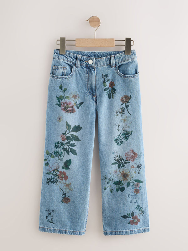 Mid Blue Denim Floral Print Wide Leg Jeans (3-16yrs)