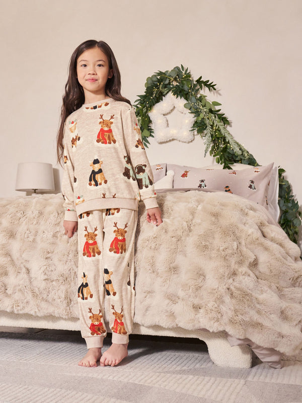 Neutral/Red Hamish The Highland Cow Single Family Christmas Pyjamas (9mths-16yrs)