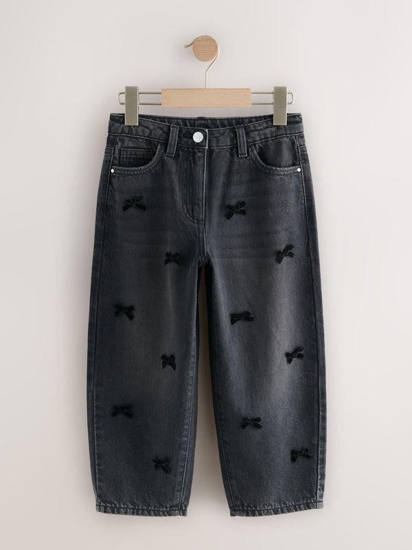 Washed Black Bow Embroidered Barrel Jeans (3-16yrs)
