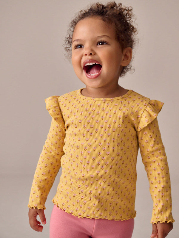 Ochre Yellow Ditsy Floral Rib Long Sleeve T-Shirt (3mths-7yrs)