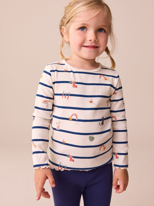 Ecru/Navy Stripe Character Rib Long Sleeve T-Shirt (3mths-7yrs)