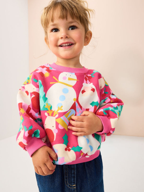 Bright Pink Christmas Print Crew Neck Sweatshirt (3mths-7yrs)