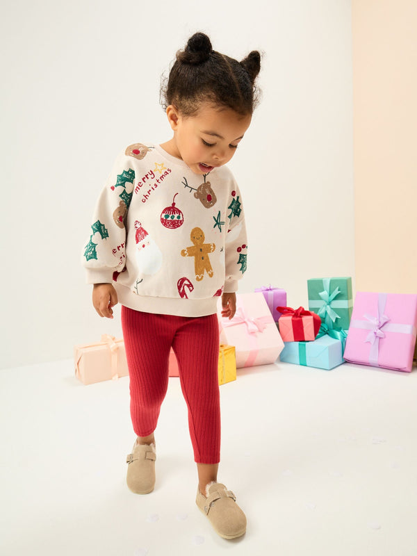 Beige/Red Christmas Print Sweatshirt & Leggings Set (3mths-7yrs)