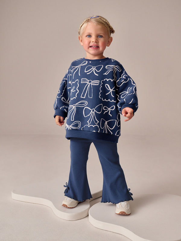 Navy Bow Print Sweatshirt & Flare Leggings Set (3mths-7yrs)