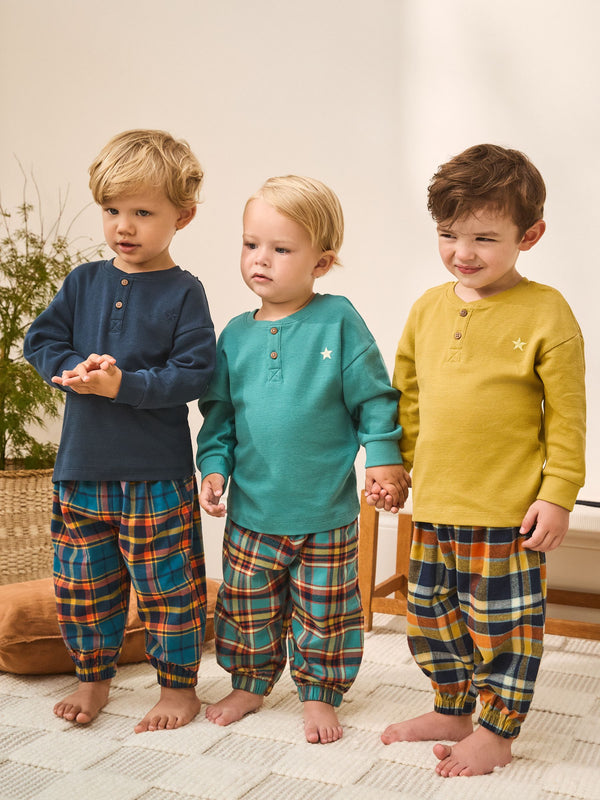 Teal/Navy/Ochre Check Woven Bottom Pyjamas 3 Pack (9mths-12yrs)
