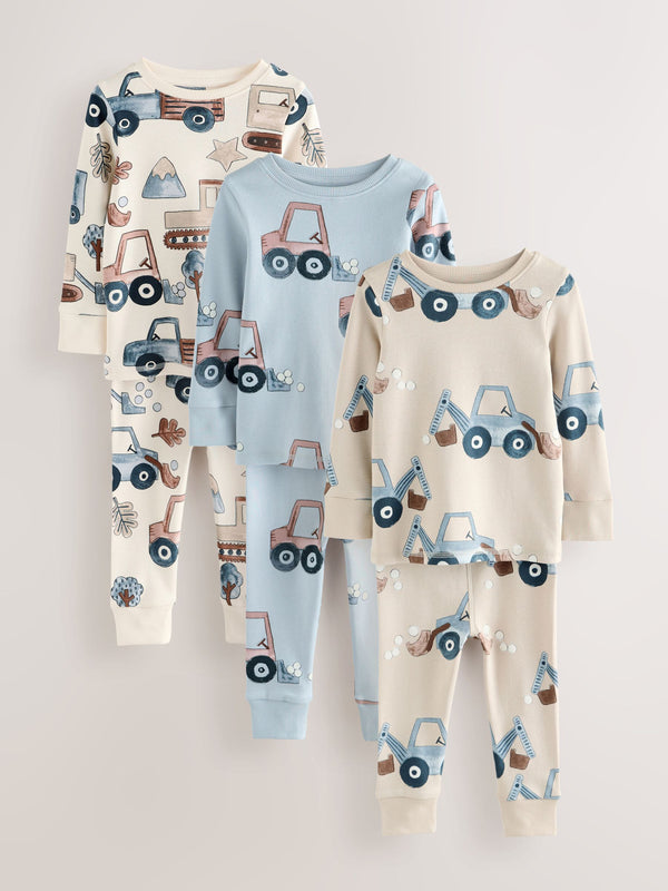 Blue/Ecru Transport Mini Snuggle Pyjamas 3 Pack (9mths-10yrs)