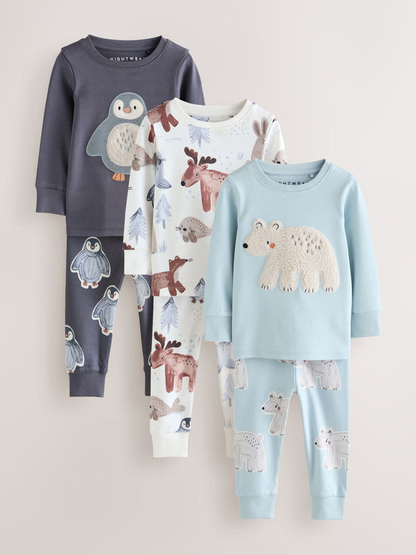 Blue/Ecru Animal Snuggle Pyjamas 3 Pack (9mths-8yrs)