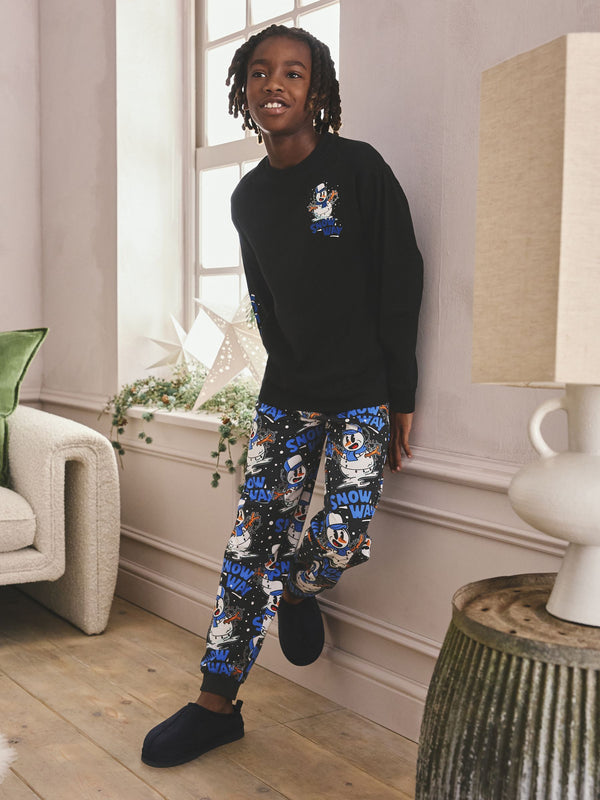 Blue/Black Snowman Single Christmas Pyjamas (5-16yrs)