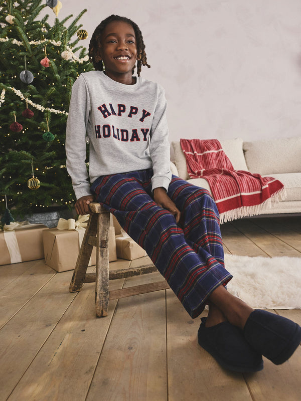 Grey/Navy/Red Check Happy Holidays Family Christmas Single Woven Pyjamas (5-16yrs)