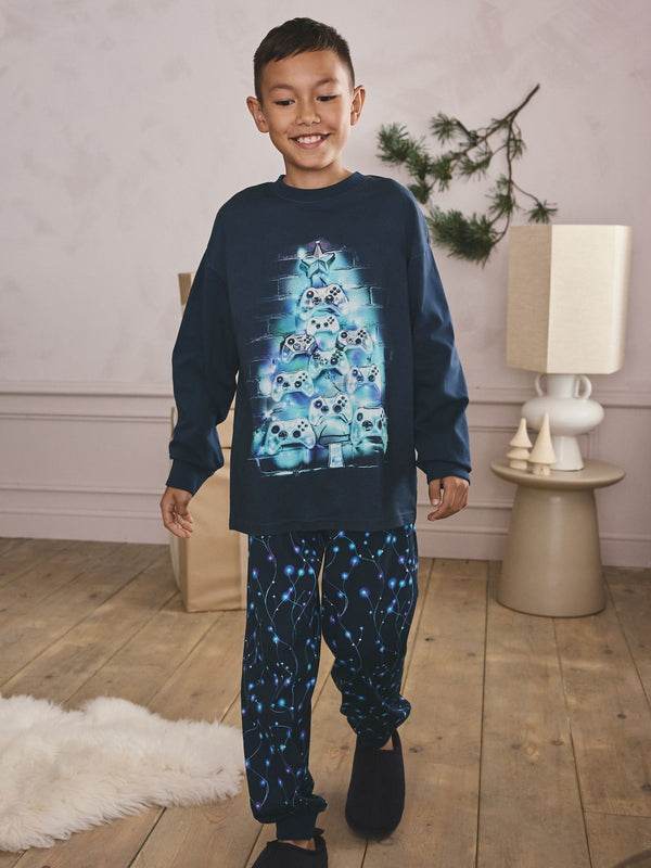 Navy/Blue Gamer Tree Single Christmas Pyjamas (5-16yrs)
