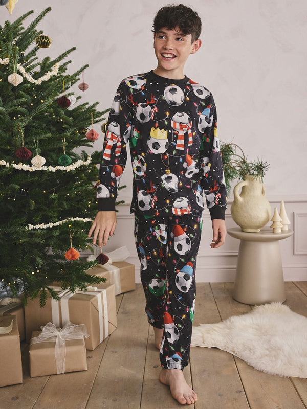 Black/White/Red/Green Football Single Christmas Pyjamas (4-16yrs)